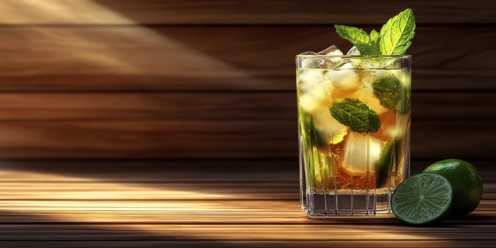 Refreshing cocktail with mint leaves and lime on a wooden surface in soft sunlight